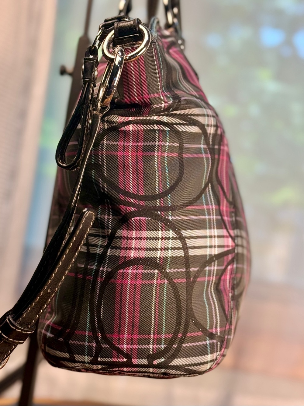 Coach Poppy Glitter Tartan Plaid Satchel Pink Black F18220 EUC - Picture 6 of 13